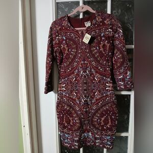 HAUTE HIPPIE dress 3/4 Sleeve MERLOT burgundy Heavily Embroidered Sheath Size 6
